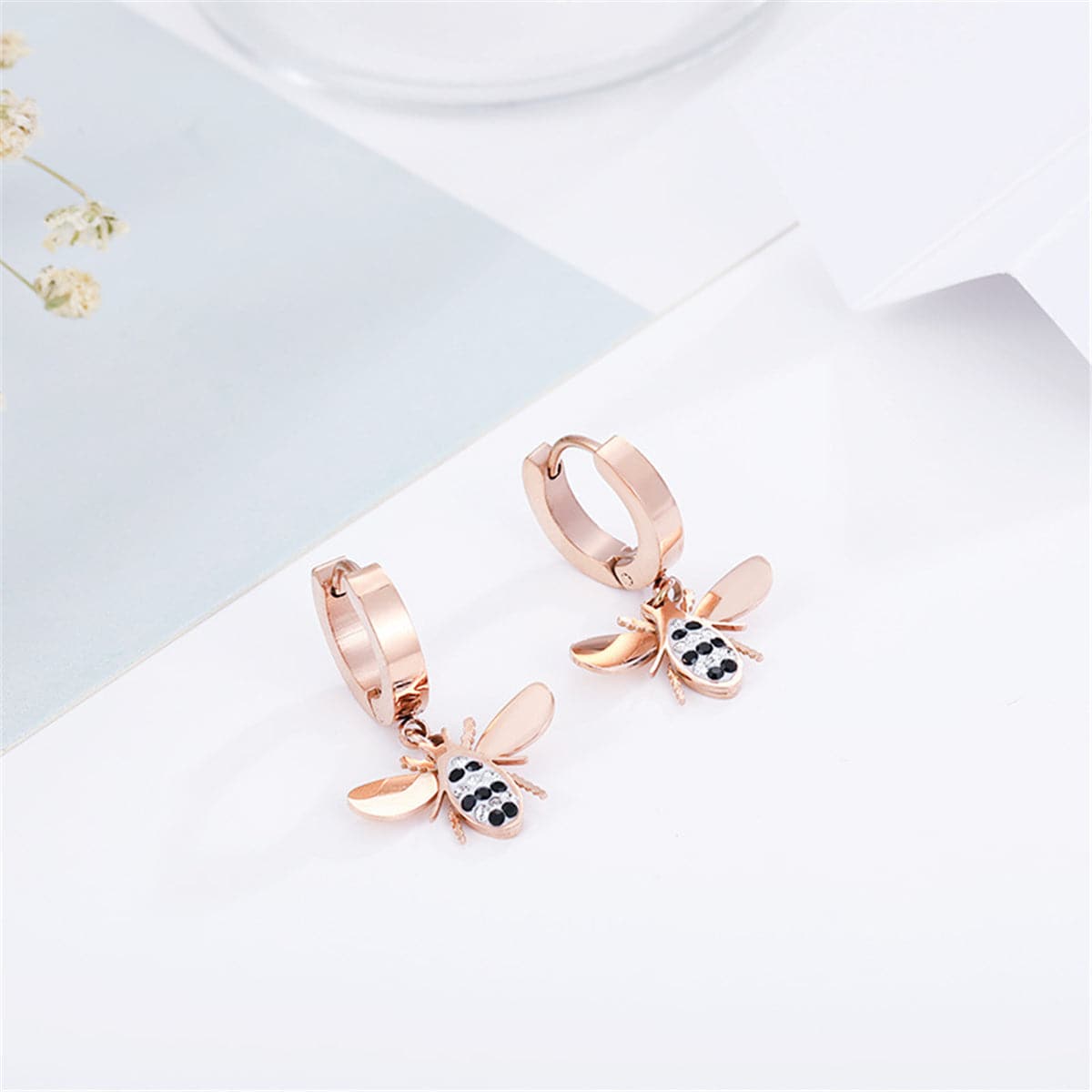 Cubic Zirconia & Rose Gold-Plated Bee Drop Earrings