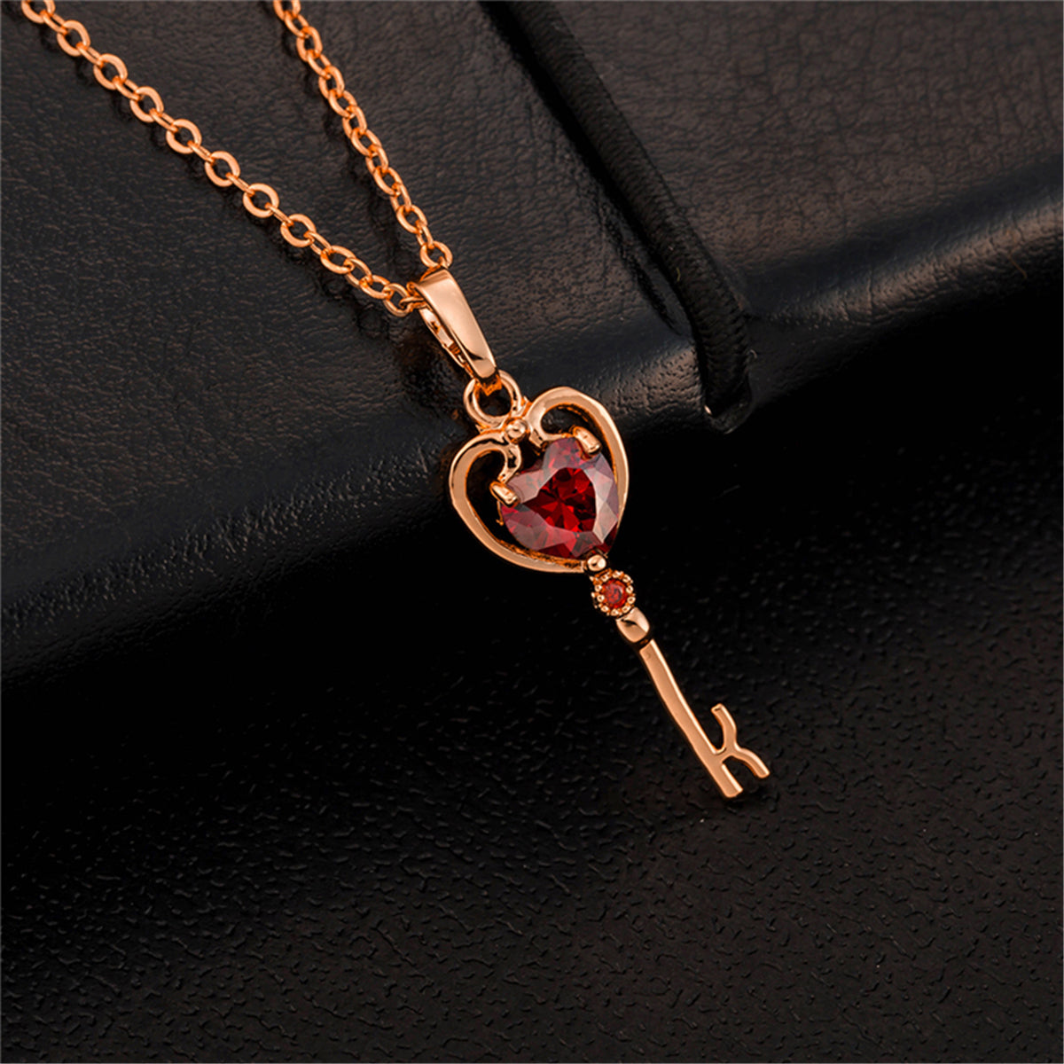 Red Crystal & 18K Rose Gold-Plated Heart Key Pendant Necklace