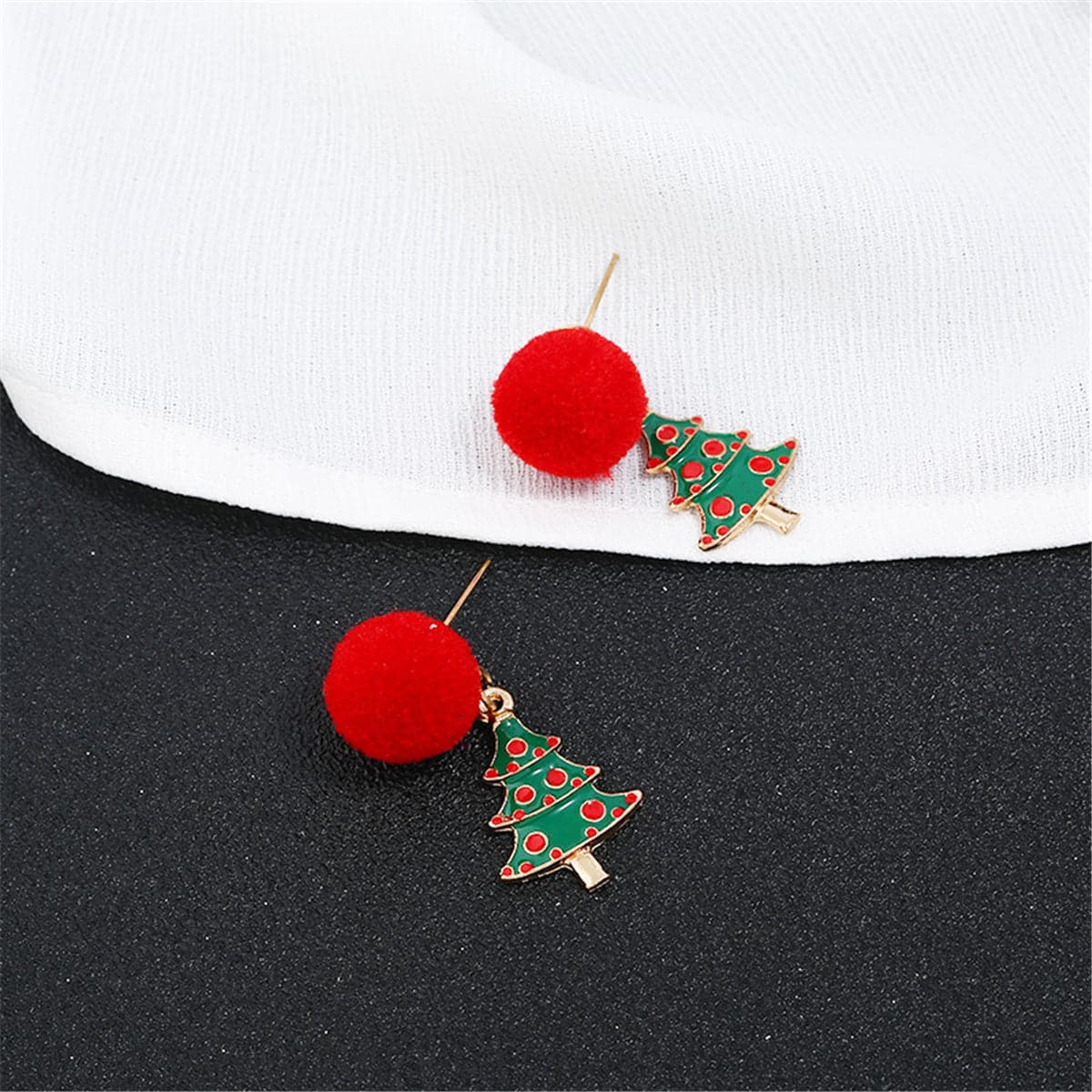 Red Pom-Pom & 18K Gold-Plated Christmas Tree Drop Earrings