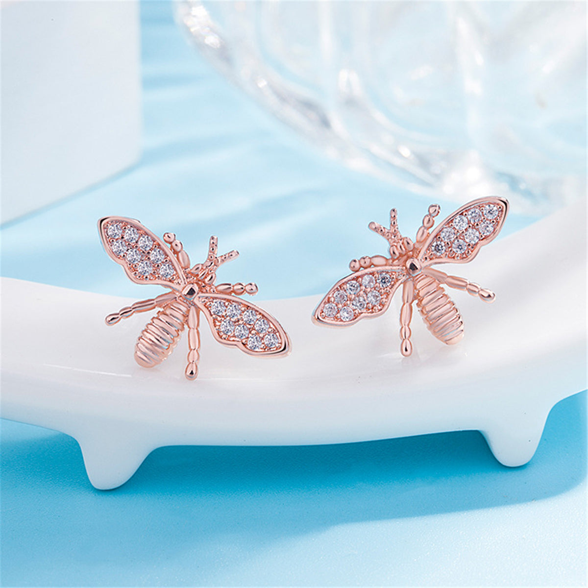 Cubic Zirconia & 18K Rose Gold-Plated Bee Stud Earring