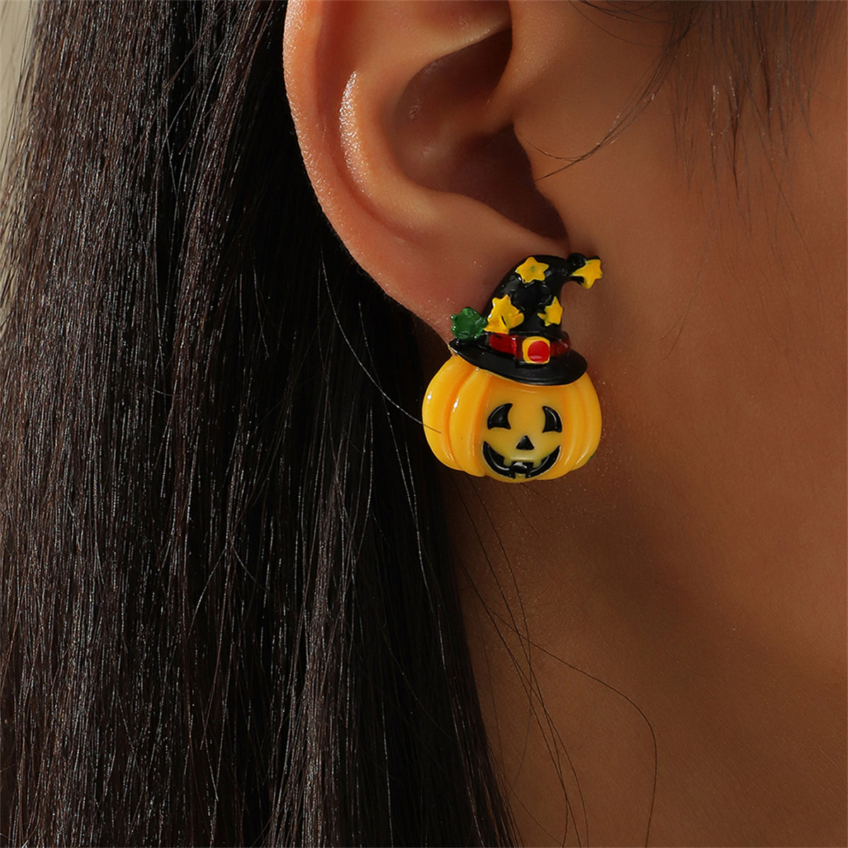 Orange & Silver-Plated Pumpkin Stud Earring