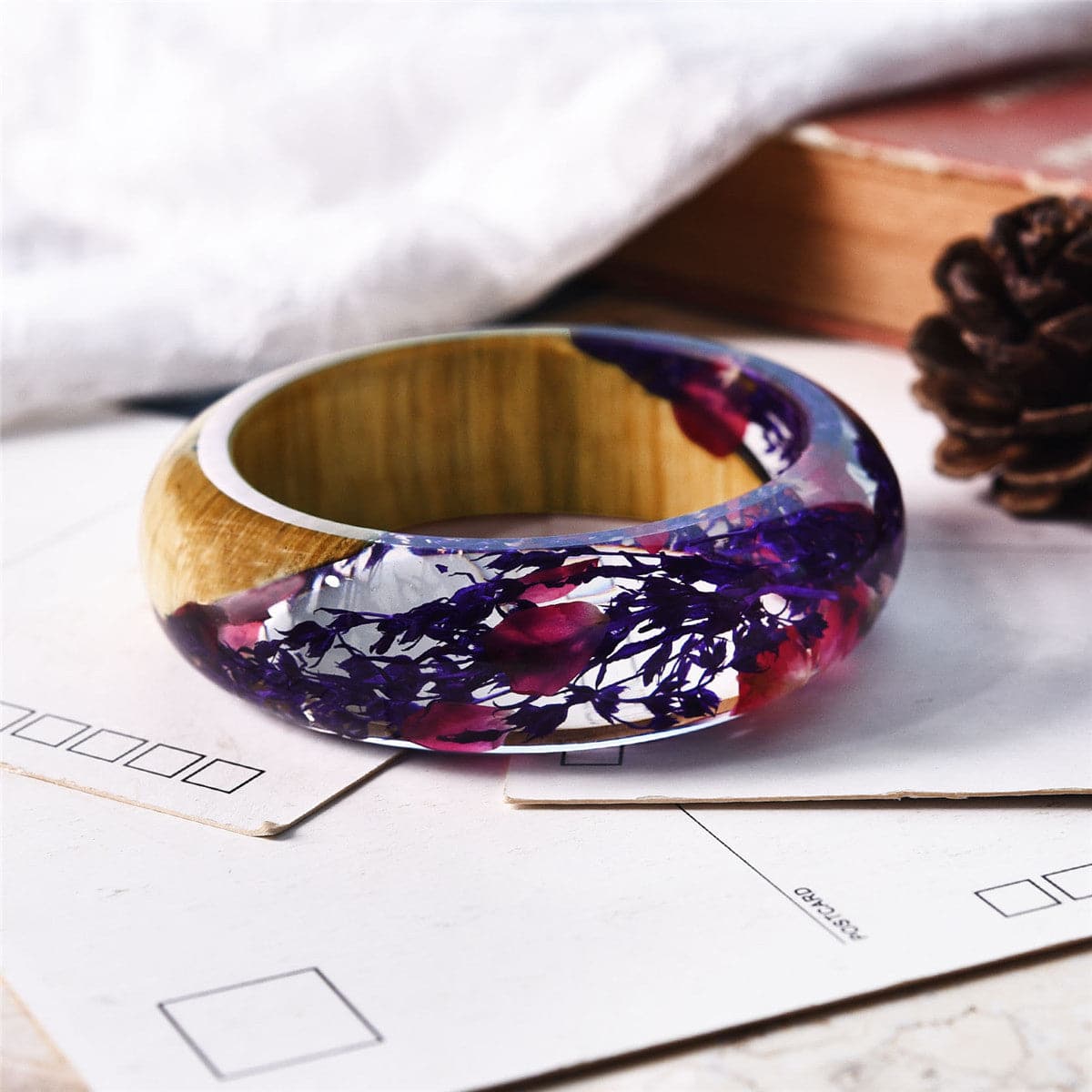 Purple Dried Flower Wooden Bangle