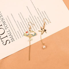 Pearl & Enamel 18K Gold-Plated Crane Fan Drop Earrings