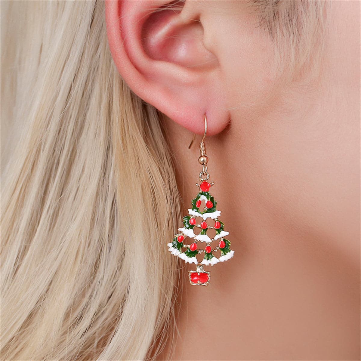 Red & Green Enamel Openwork Christmas Tree Drop Earrings