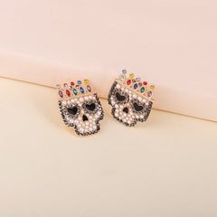 Red Multicolor Crystal & Cubic Zirconia Crowned Skull Stud Earrings