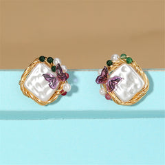 Pearl & Purple Butterfly Square Stud Earrings