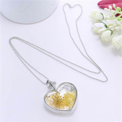 Yellow Pressed Gypsophila & Silver-Plated Heart Pendant Necklace