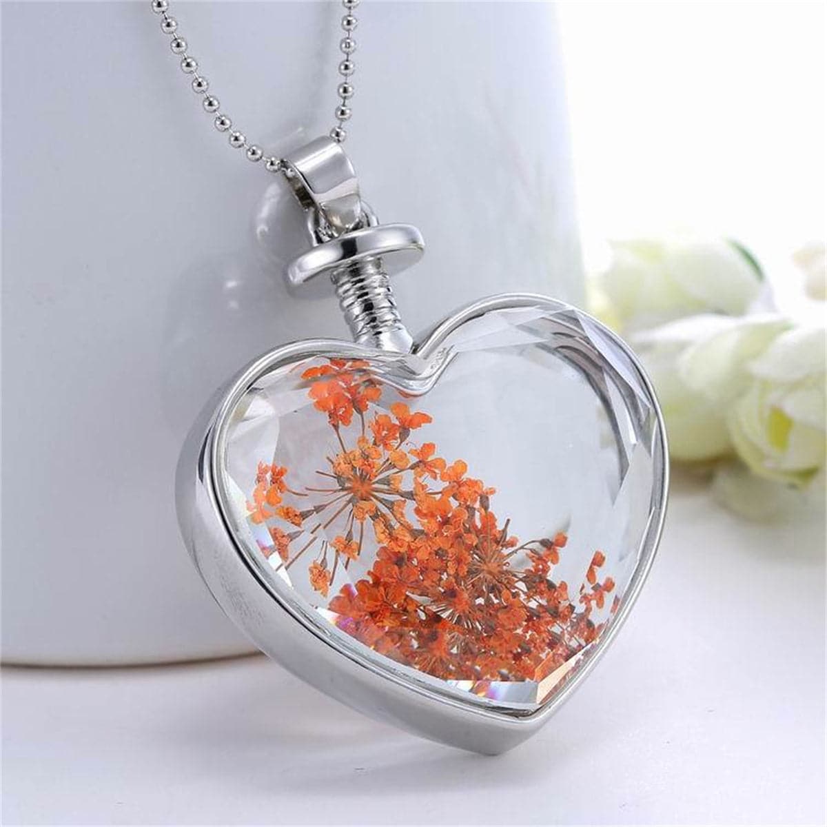 Orange Pressed Gypsophila & Silver-Plated Pressed Heart Pendant Necklace