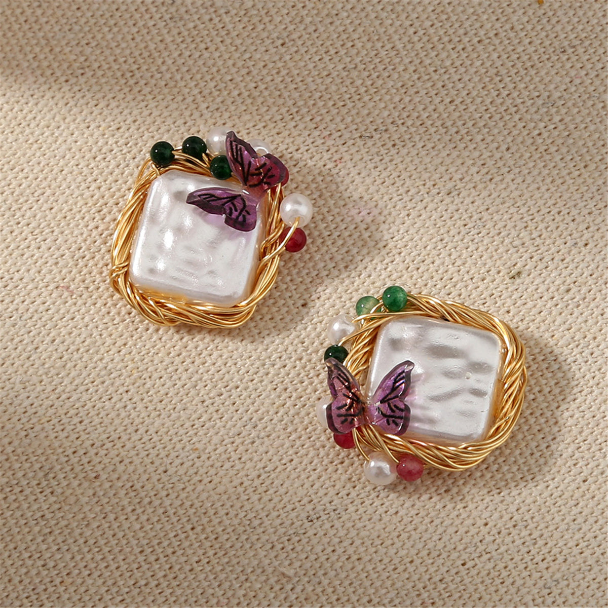 Pearl & Purple Butterfly Square Stud Earrings