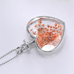 Orange Pressed Gypsophila & Silver-Plated Pressed Heart Pendant Necklace