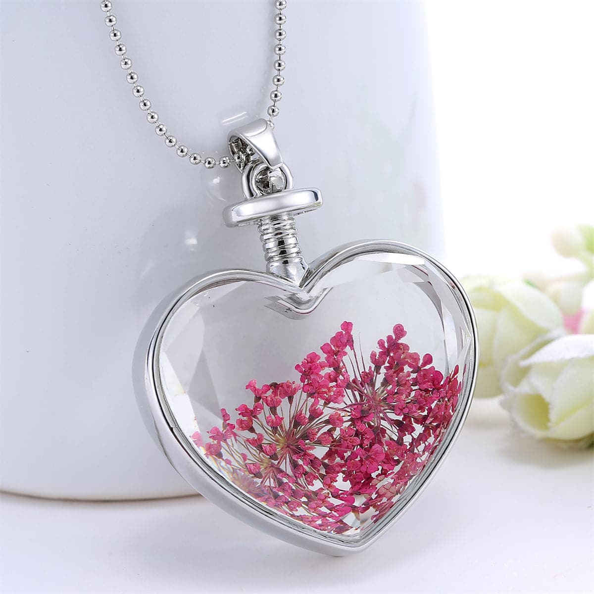 Rose Pressed Gypsophila & Silver-Plated Heart Pendant Necklace