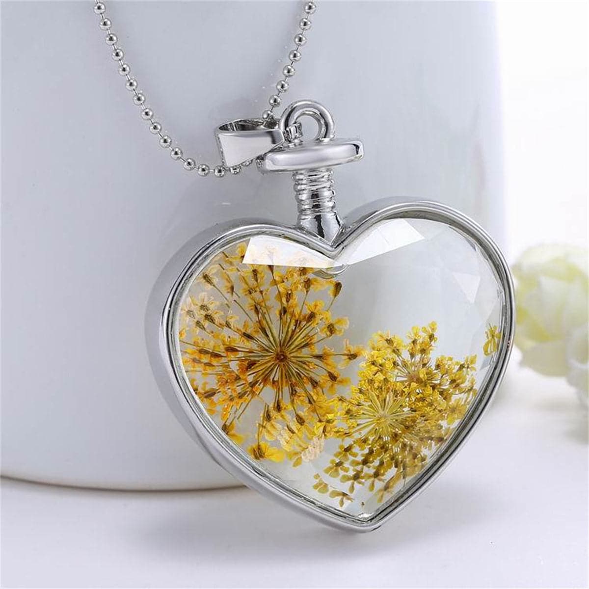 Yellow Pressed Gypsophila & Silver-Plated Heart Pendant Necklace