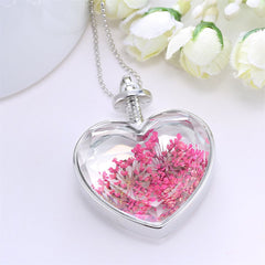 Rose Pressed Gypsophila & Silver-Plated Heart Pendant Necklace