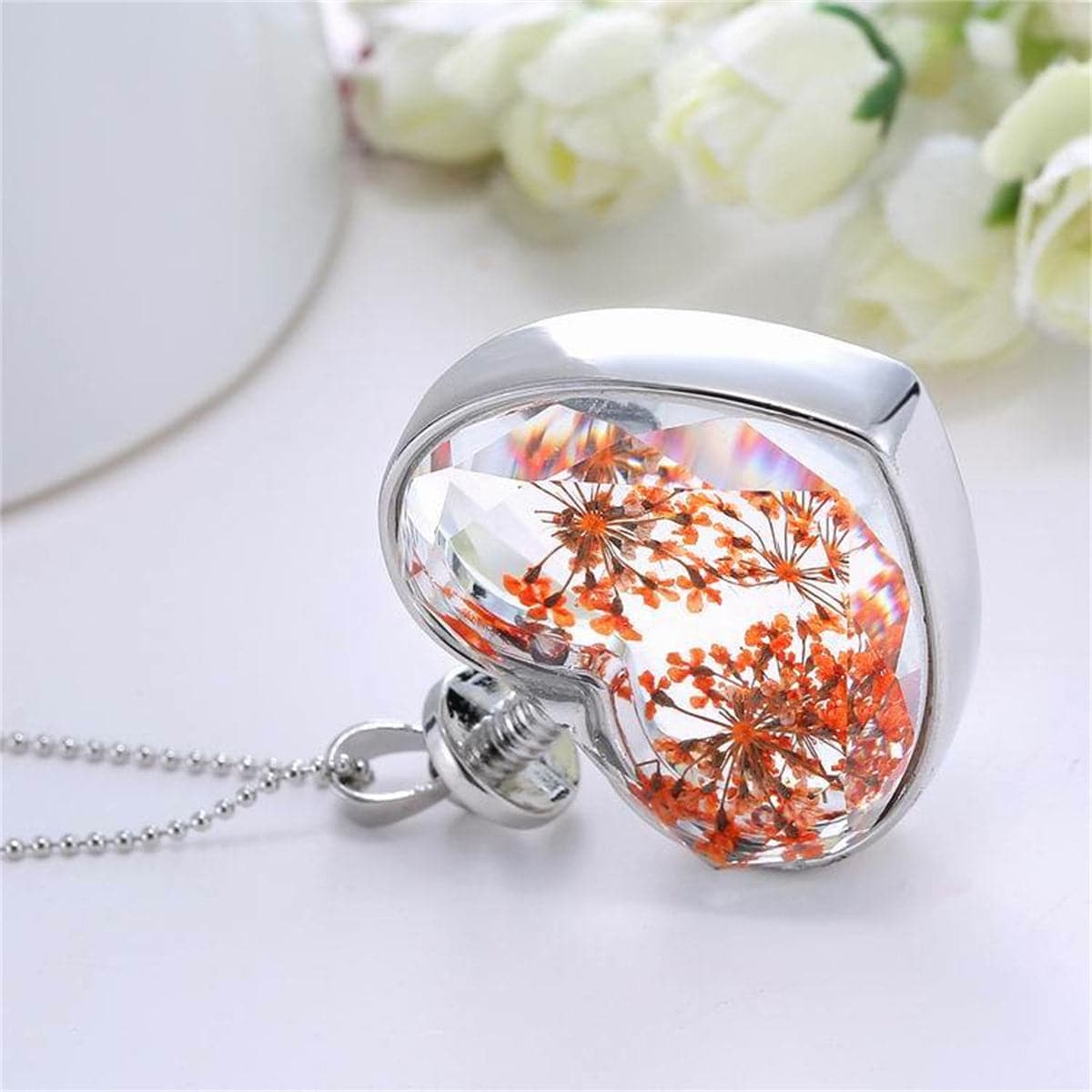 Orange Pressed Gypsophila & Silver-Plated Pressed Heart Pendant Necklace