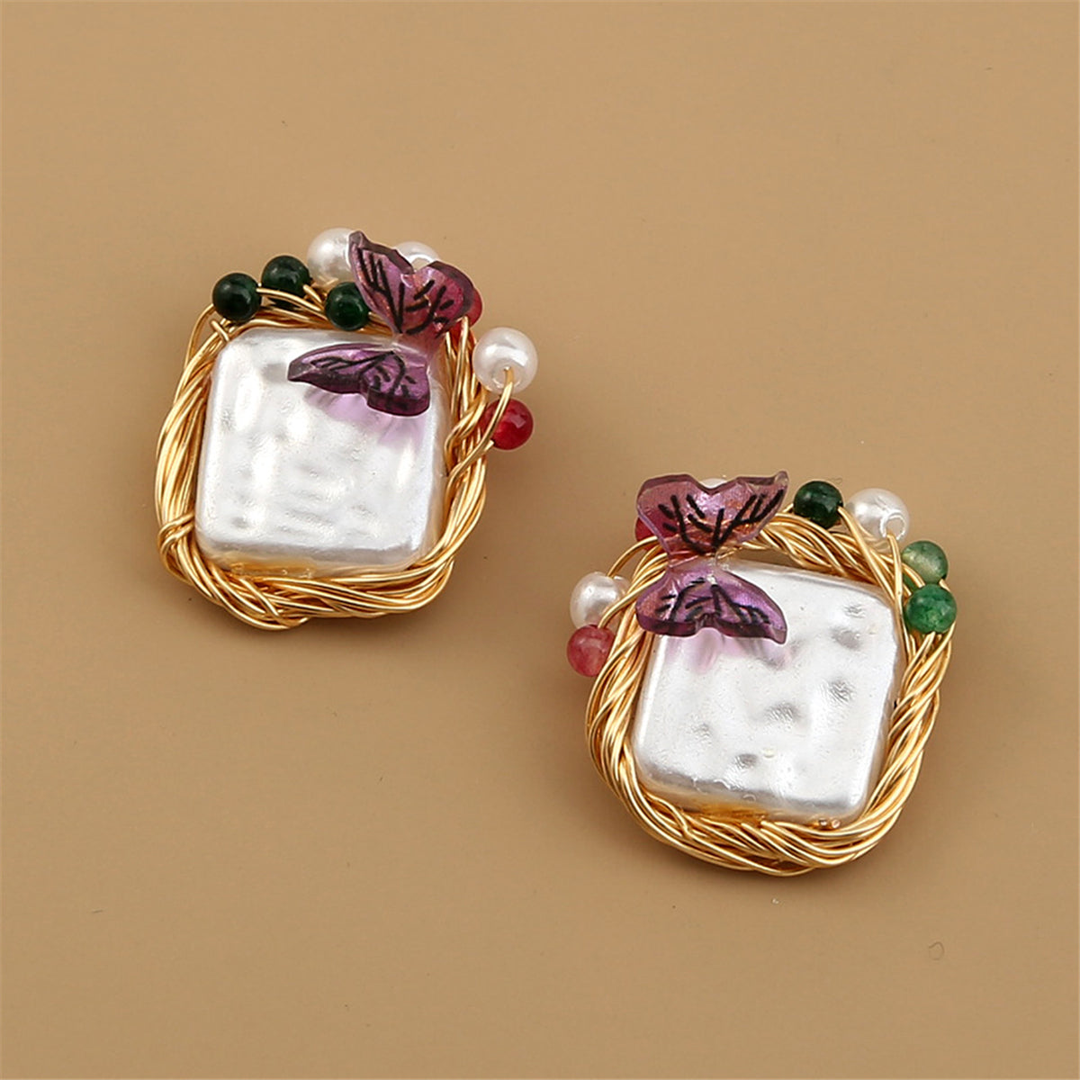 Pearl & Purple Butterfly Square Stud Earrings