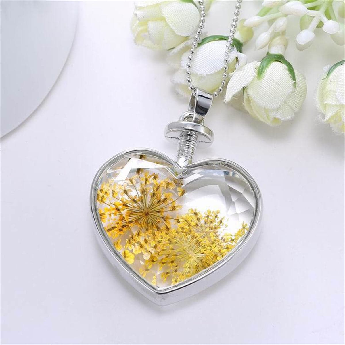 Yellow Pressed Gypsophila & Silver-Plated Heart Pendant Necklace