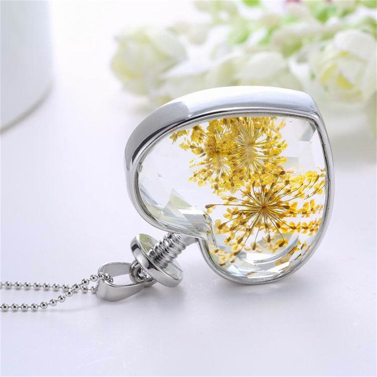 Yellow Pressed Gypsophila & Silver-Plated Heart Pendant Necklace