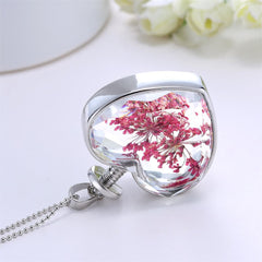 Rose Pressed Gypsophila & Silver-Plated Heart Pendant Necklace