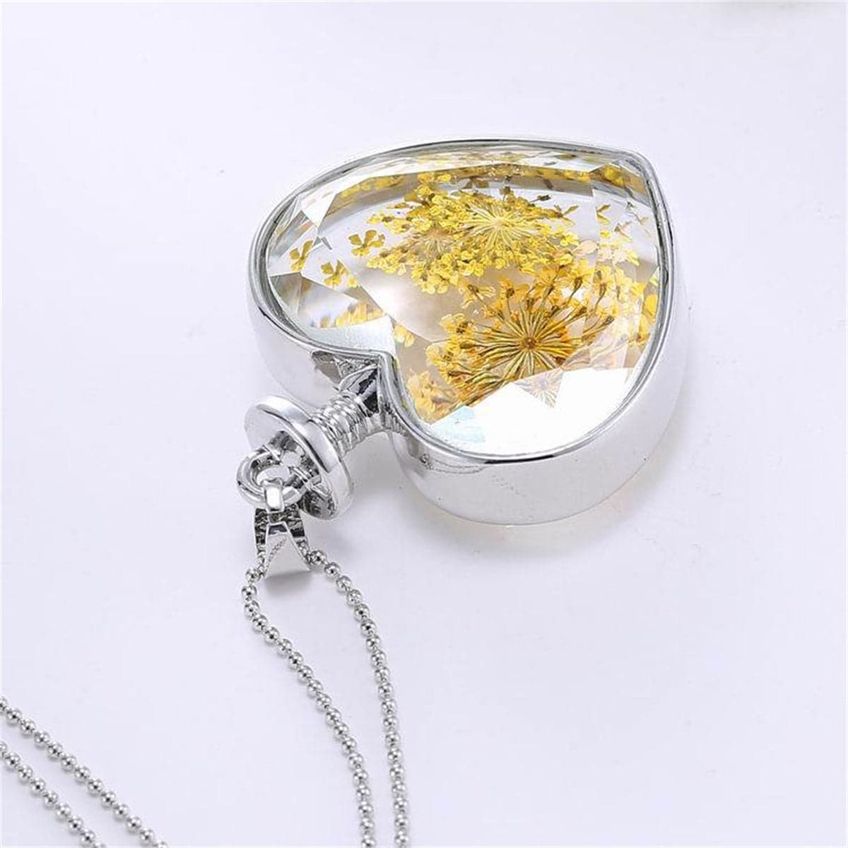 Yellow Pressed Gypsophila & Silver-Plated Heart Pendant Necklace