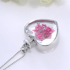 Rose Pressed Gypsophila & Silver-Plated Heart Pendant Necklace