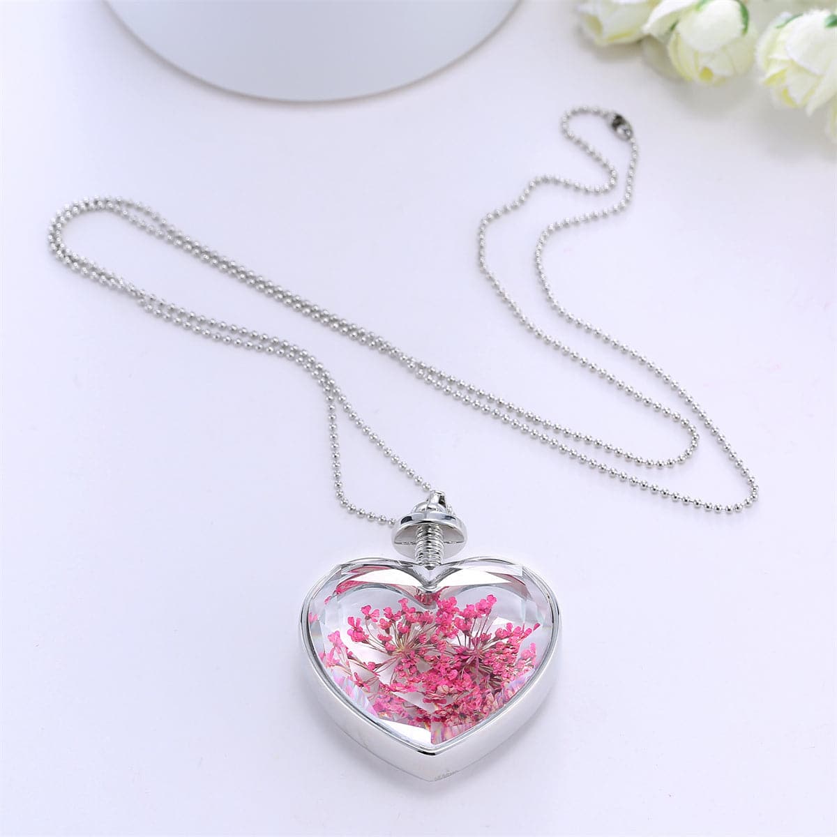 Rose Pressed Gypsophila & Silver-Plated Heart Pendant Necklace