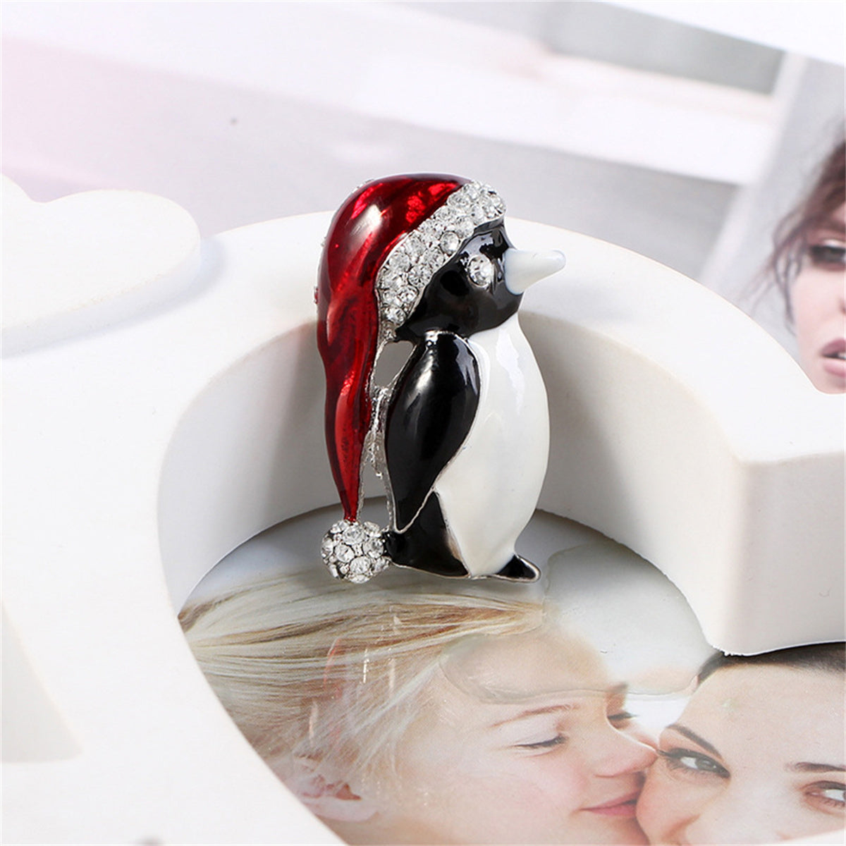 White Cubic Zirconia & Red Enamel Santa Penguin Brooch