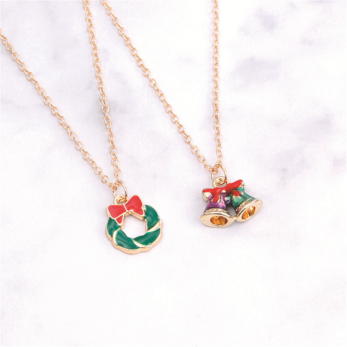 Red & 18K Gold-Plated Bells & Wreath Pendant Necklace Set