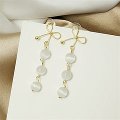 White Cat-Eye & 18K Gold-Plated Bow Triple Tier Round Drop Earrings