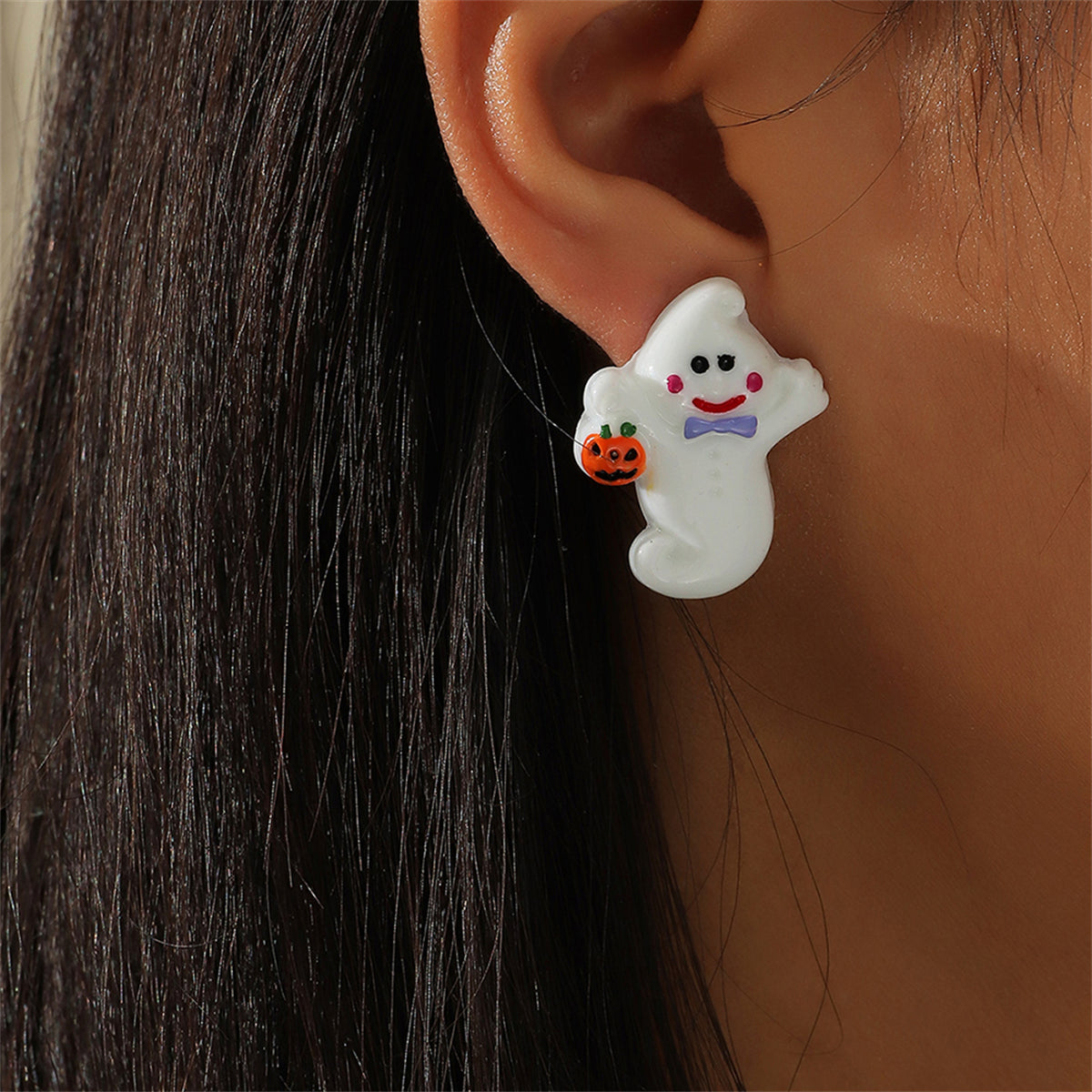 White & Silver-Plated Ghost Pumpkin Stud Earrings