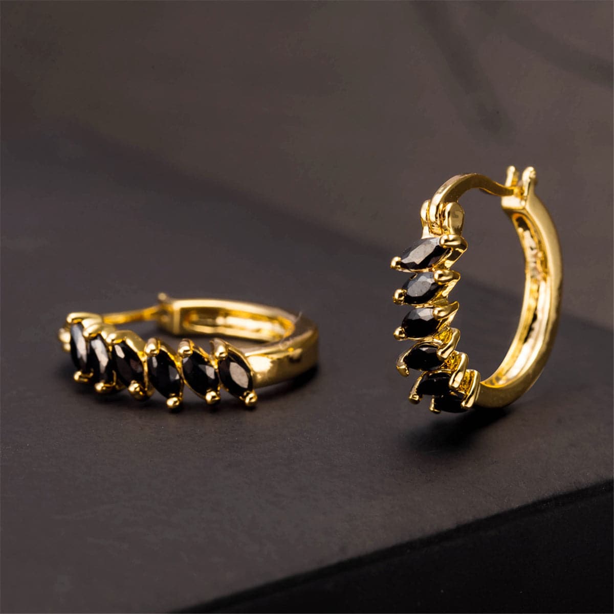 Black Crystal & 18K Gold-Plated Marquise-Cut Huggie Earrings