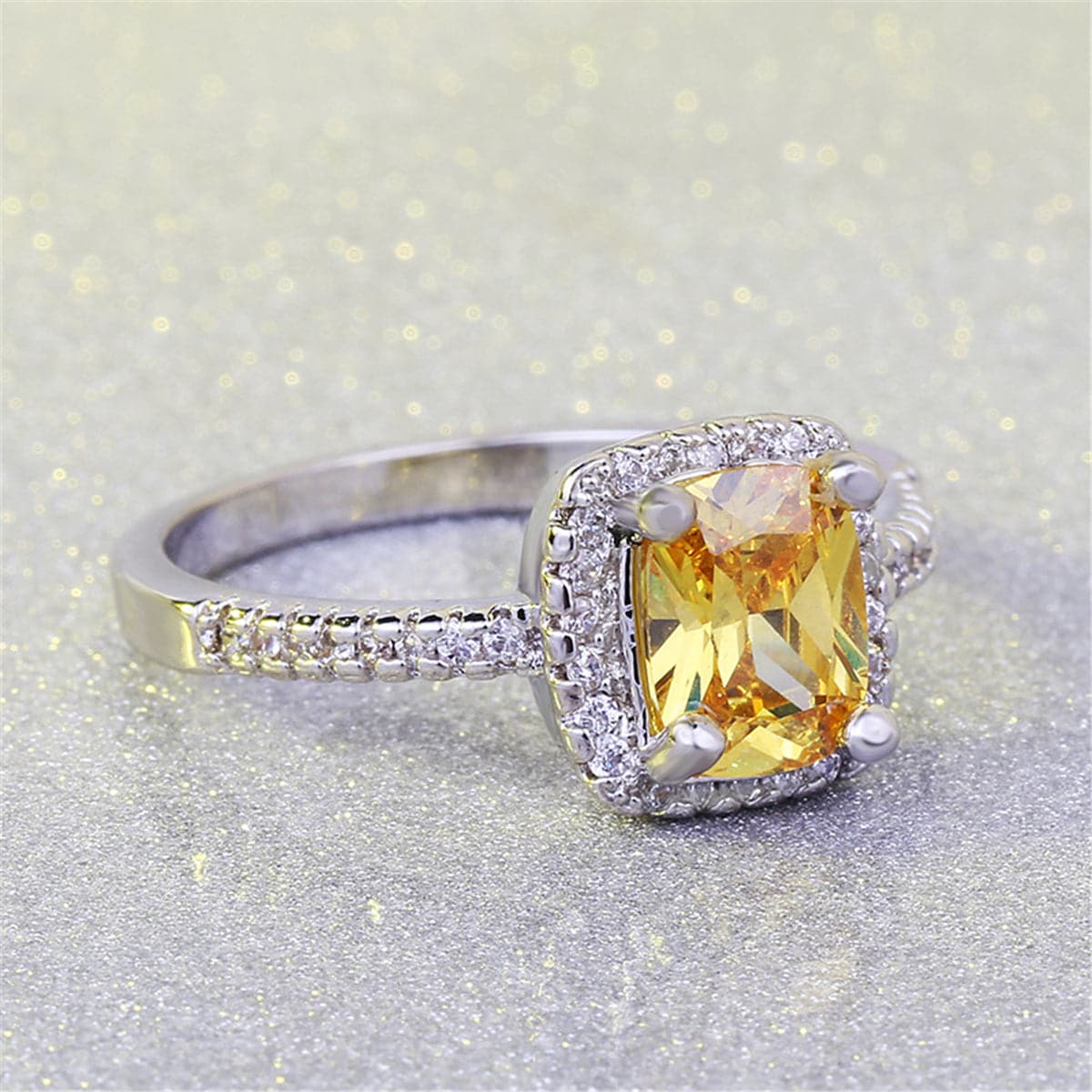 Yellow Crystal & Silver-Plated Square-Cut Ring