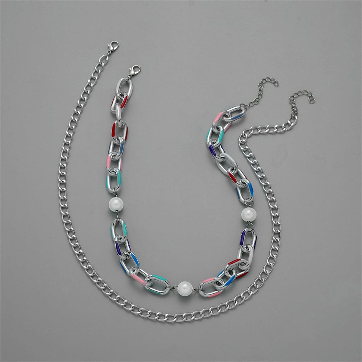 Pearl & Silver-Plated Curb Chain Necklace Set