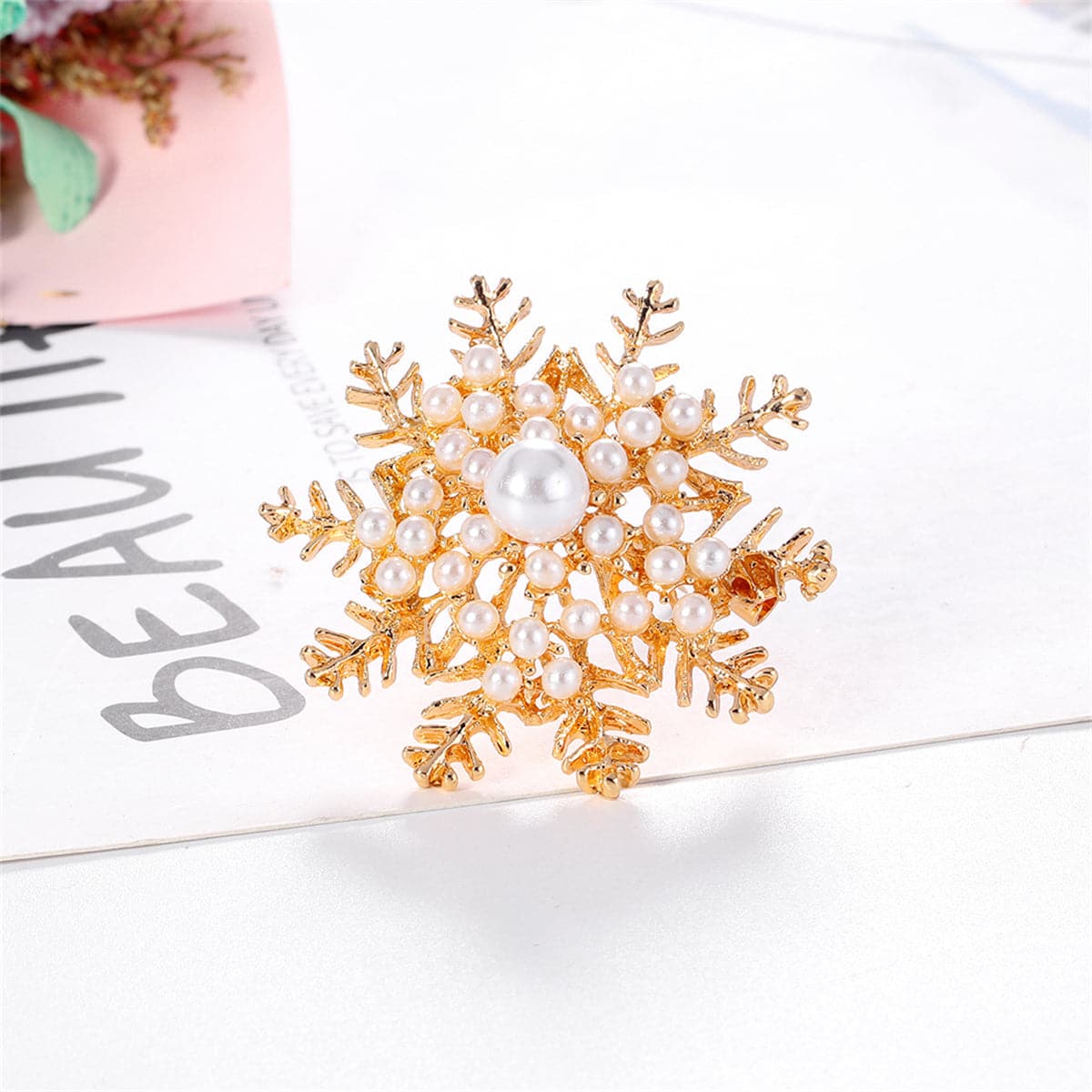 Pearl & 18K Gold-Plated Snowflake Brooch