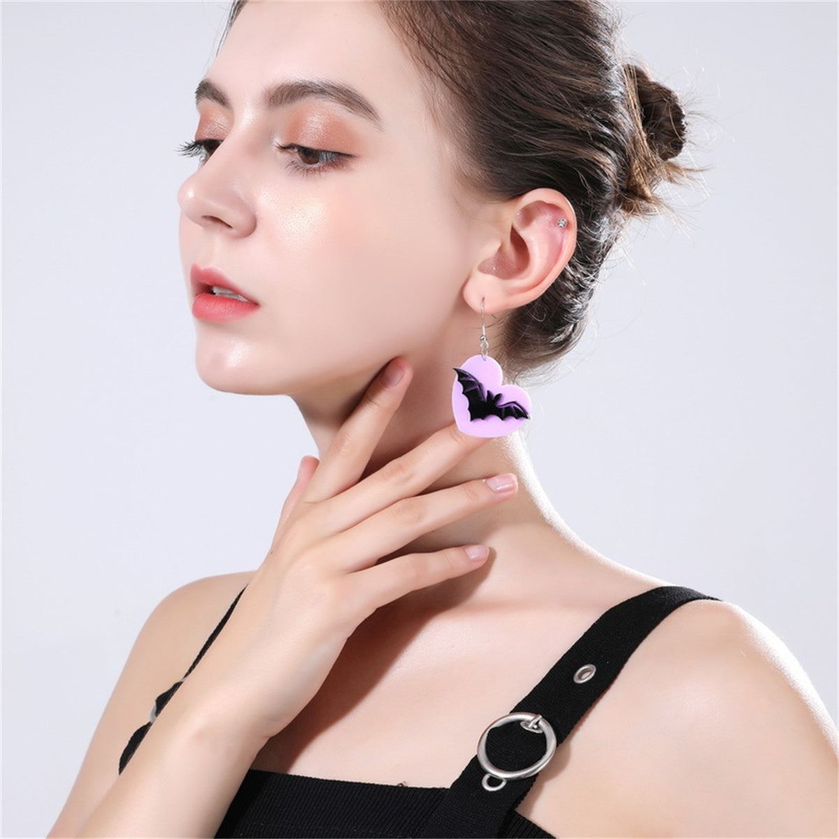 Purple & Silver-Plated Bat Drop Earrings