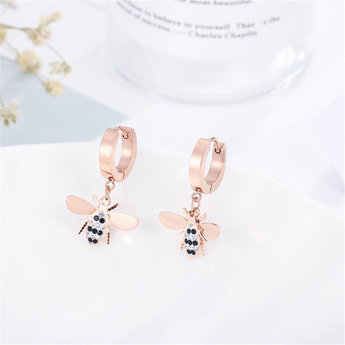 Cubic Zirconia & Rose Gold-Plated Bee Drop Earrings