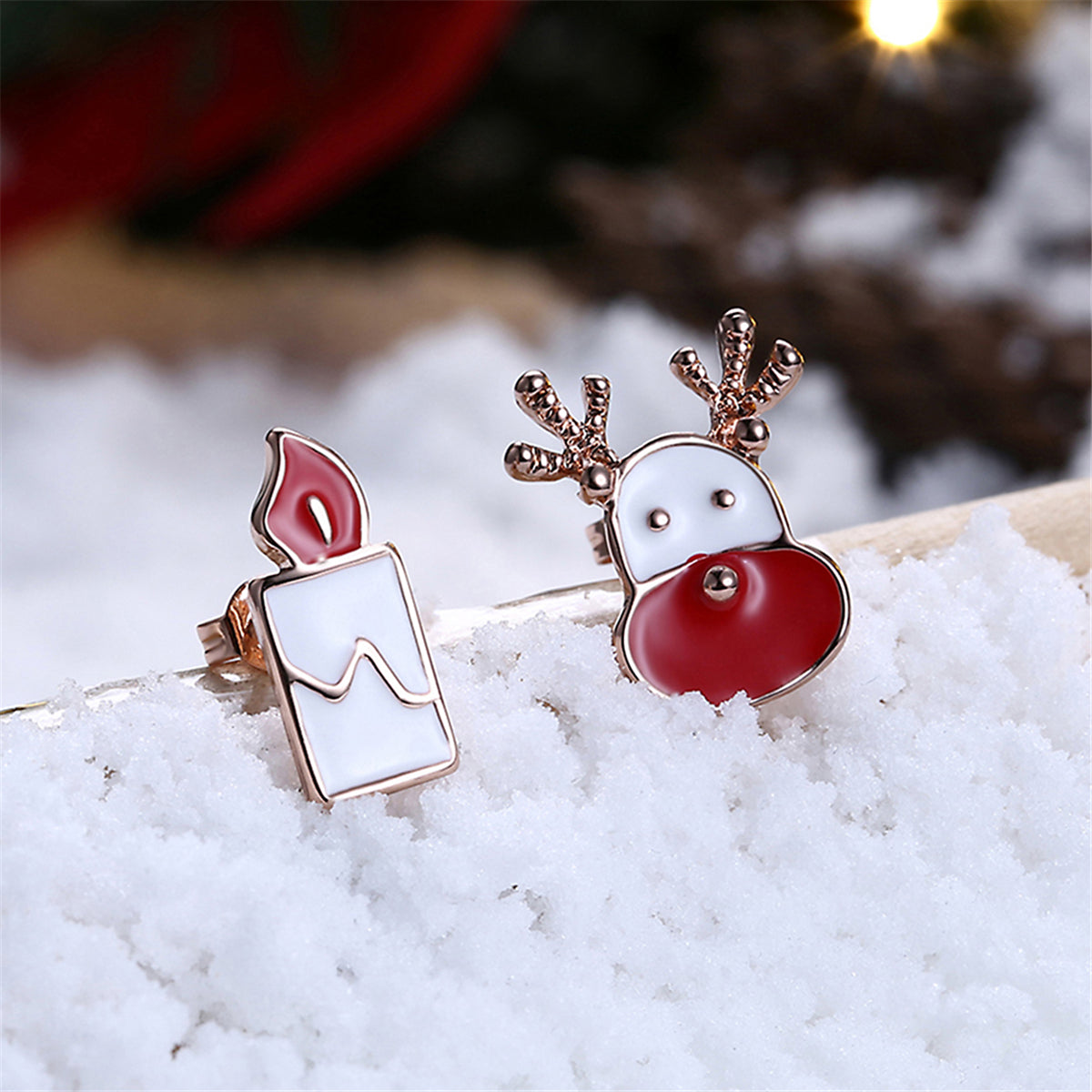 Red Enamel & 18K Rose Gold-Plated Candle & Deer Stud Earrings