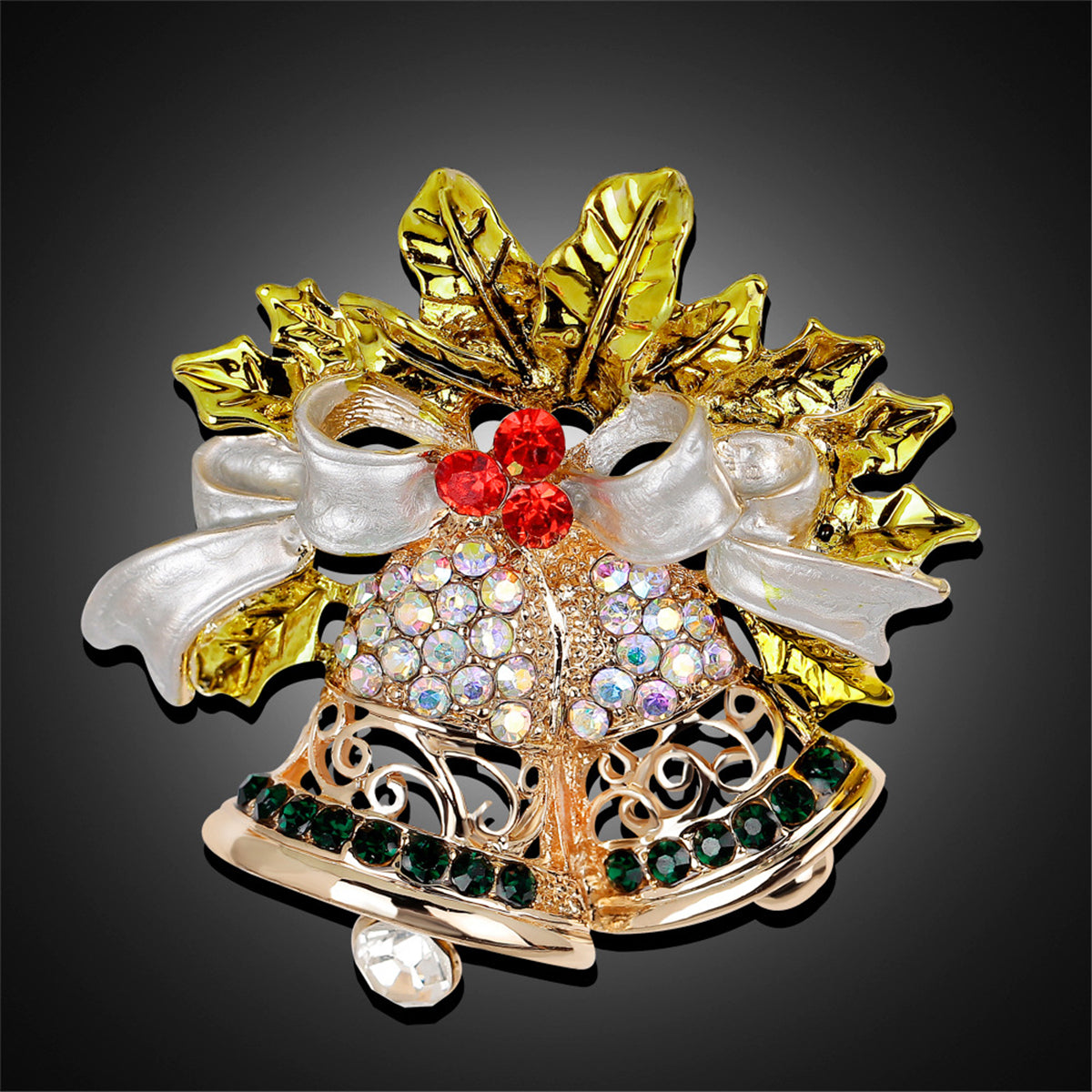 Cubic Zirconia & 18K Gold-Plated Botany Bow & Bell Brooch