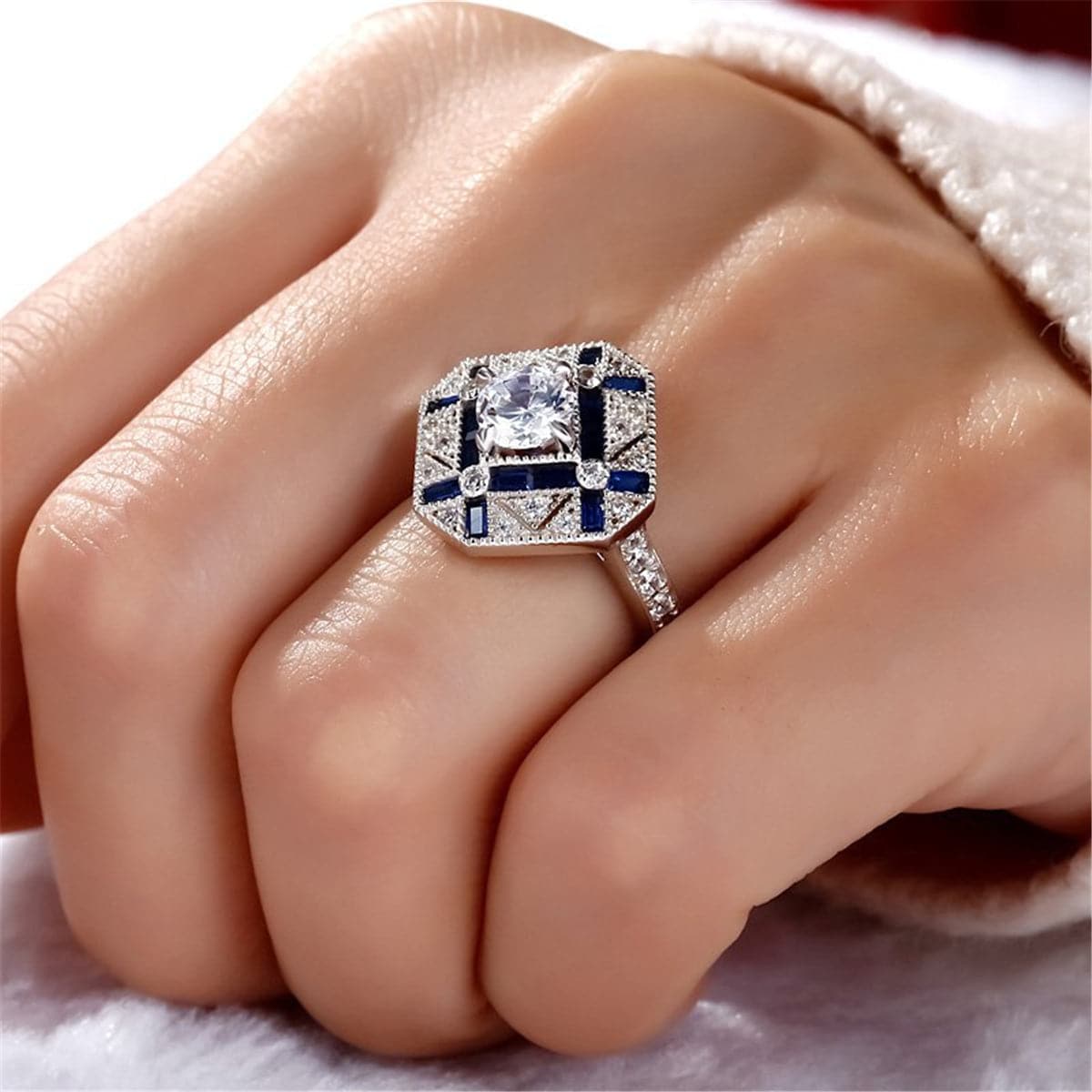 Blue Crystal & Cubic Zirconia Silver-Plated Shield Ring