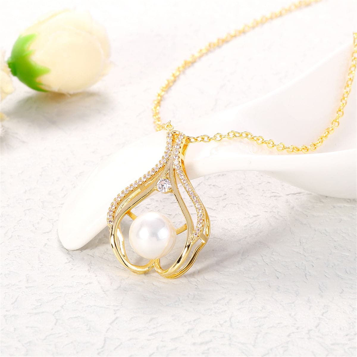 White Pearl & Cubic Zirconia 18K Gold-Plated Heart Pendant Necklace