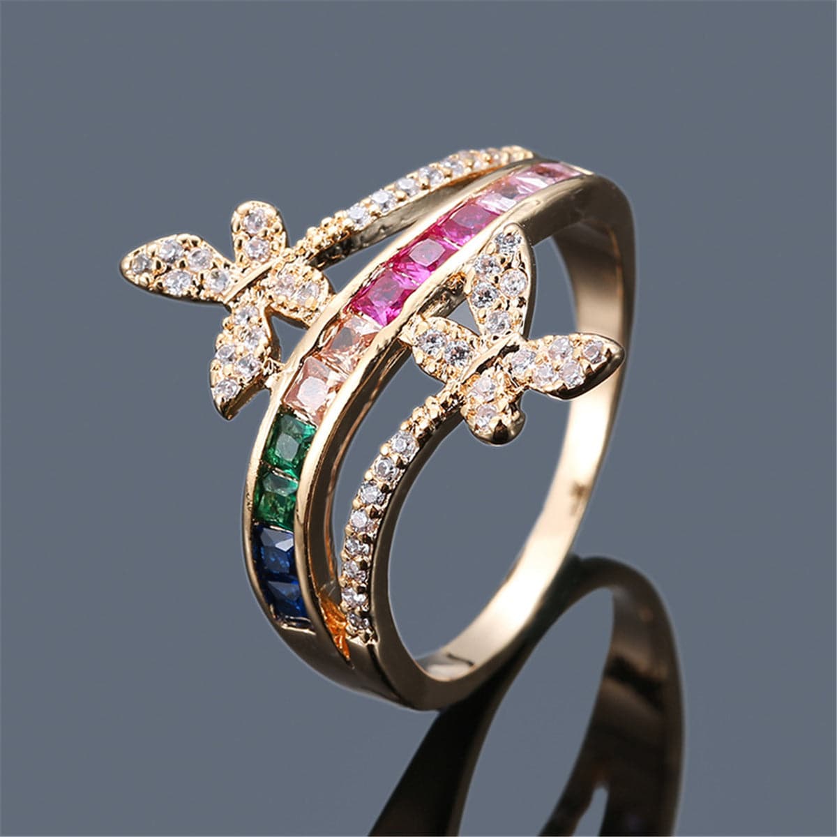 Rainbow Crystal & Cubic Zirconia Butterfly Ring