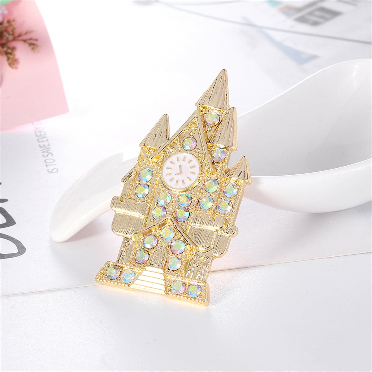 Blue Cubic Zirconia & Enamel 18K Gold-Plated Castle Brooch