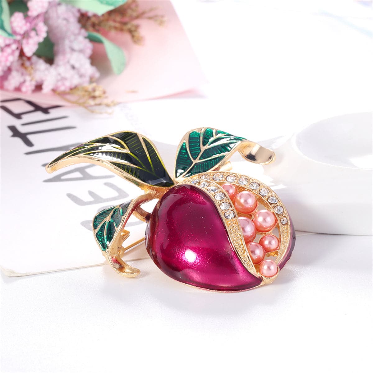 Clear Cubic Zirconia & Pearl Enamel 18K Gold-Plated Pomegranate Brooch