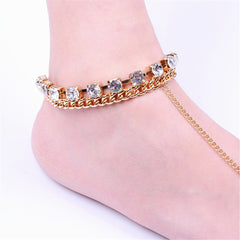 Cubic Zirconia & 18K Gold-Plated Figaro Layer Anklet & Toe Ring Set