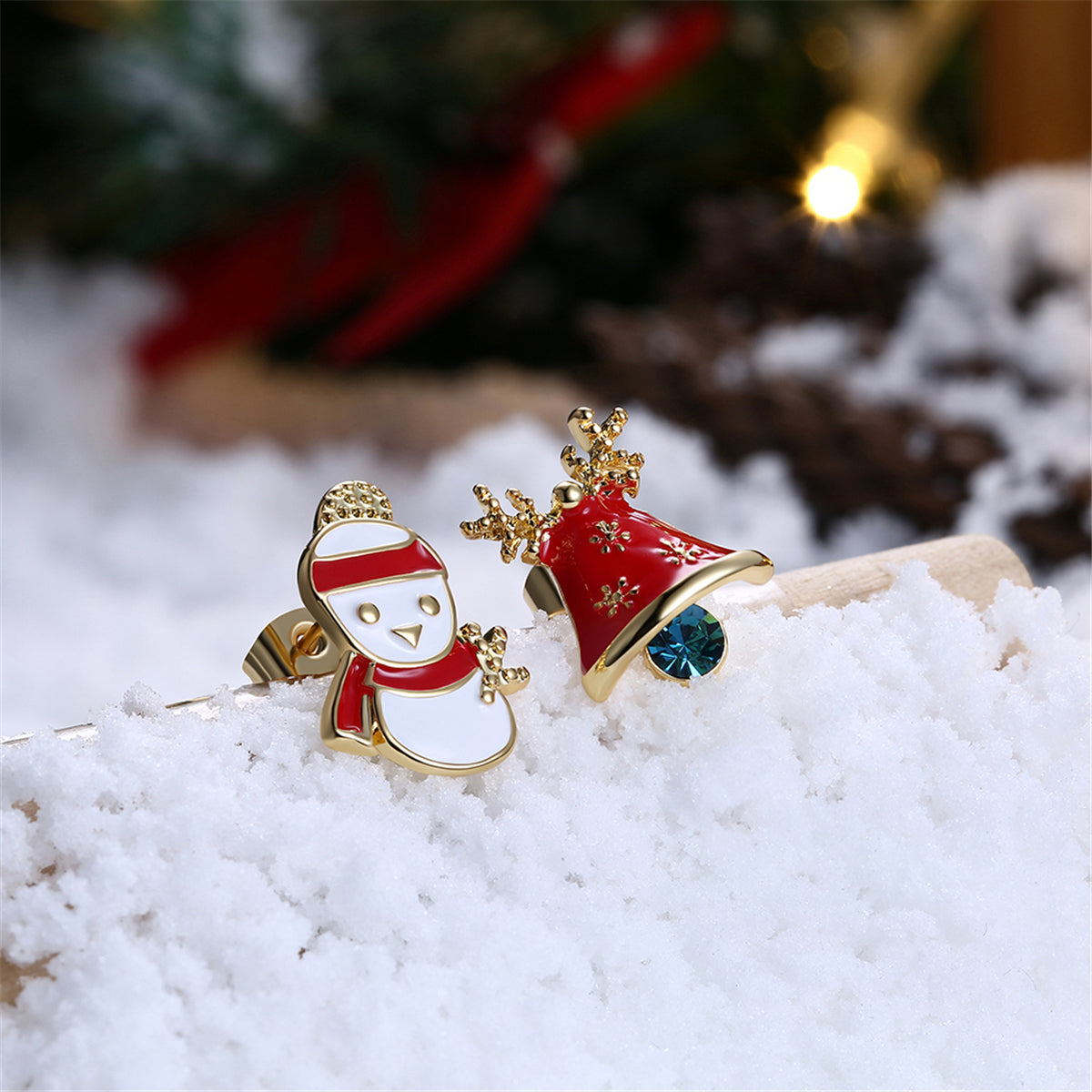 Crystal & Enamel 18K Gold-Plated Jingle Bell & Snowman Stud Earrings