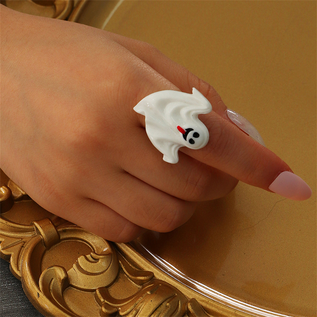 White & Silver-Plated Ghost Adjustable Ring