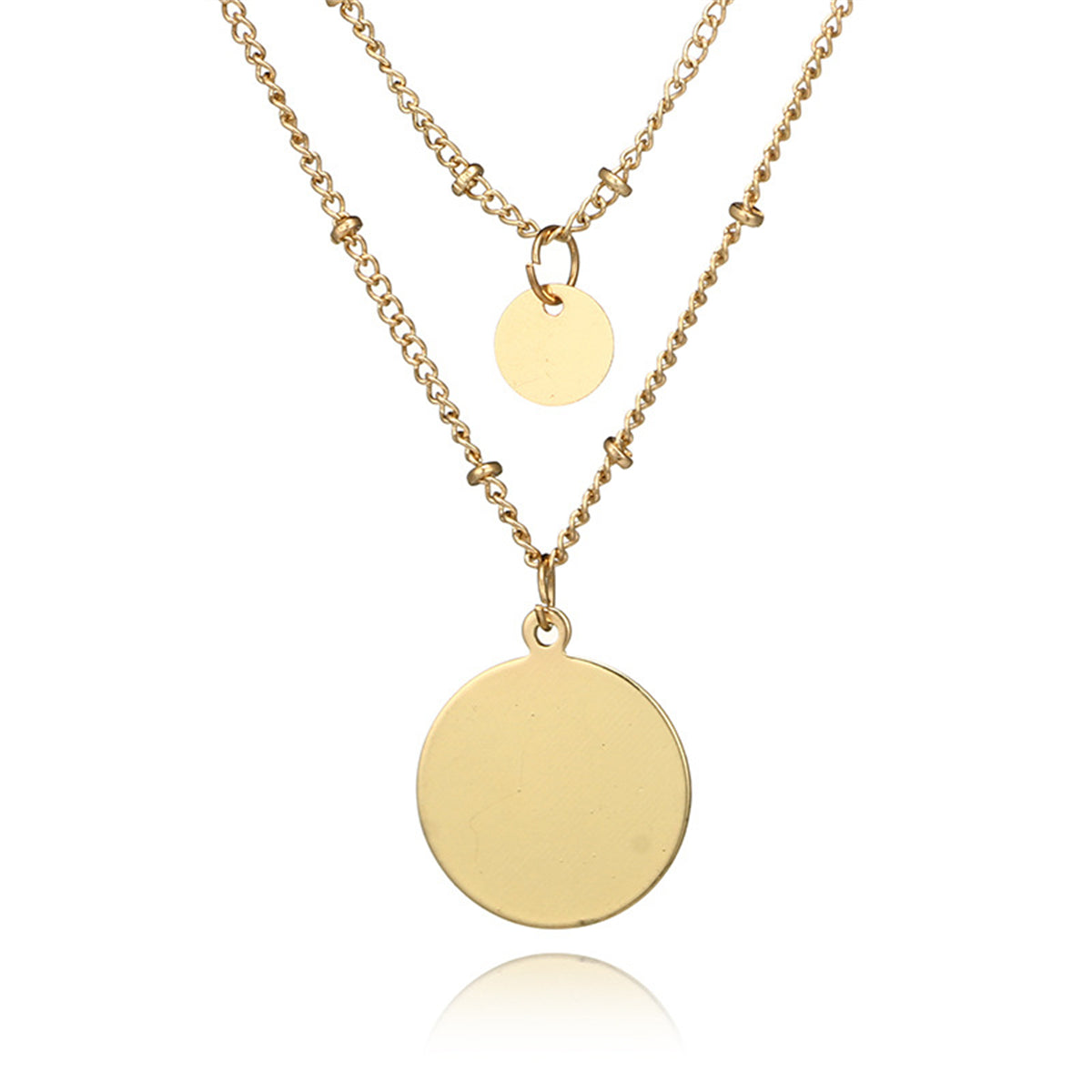 Stunning 18K gold-plated necklace showcasing two gold disc pendants, perfect for adding a touch of elegance to any outfit.