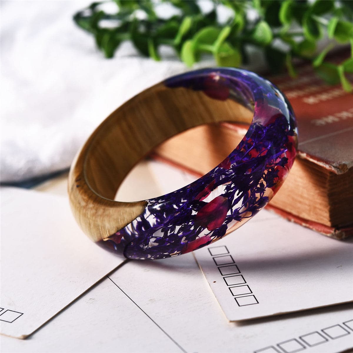 Purple Dried Flower Wooden Bangle