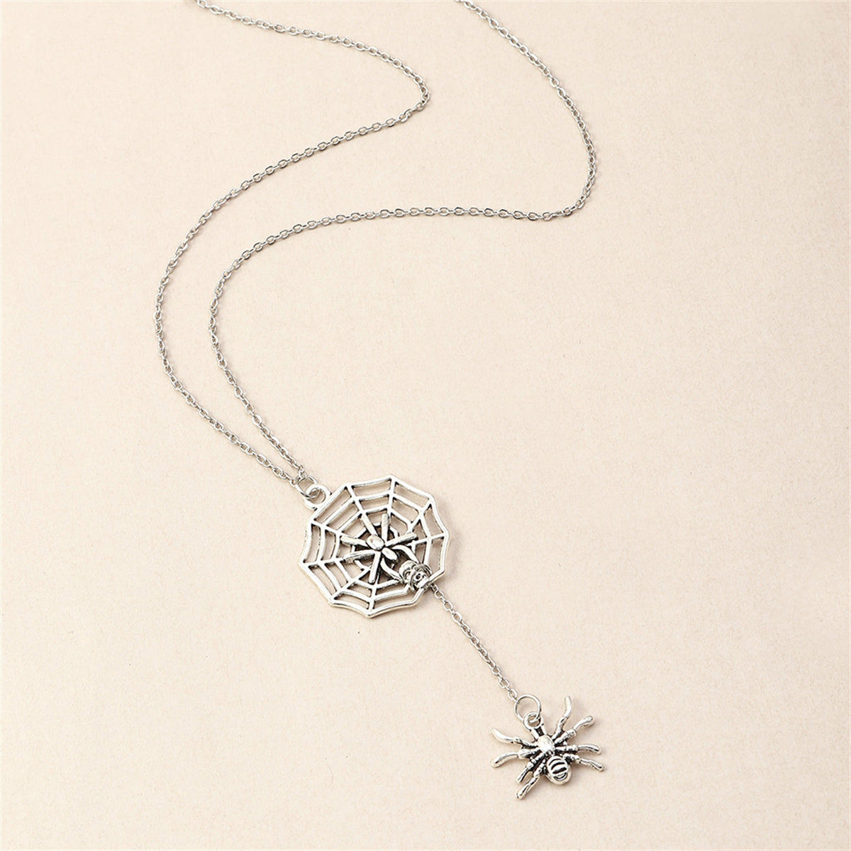 Silver-Plated Spider & Web Drop Necklace