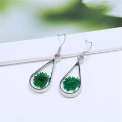 Green Peony & Silver-Plated Drop Earring