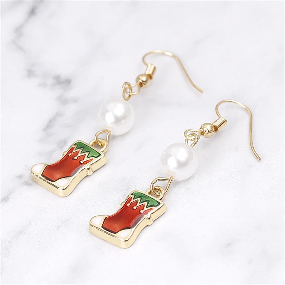 Red Enamel & Pearl Stocking Drop Earrings